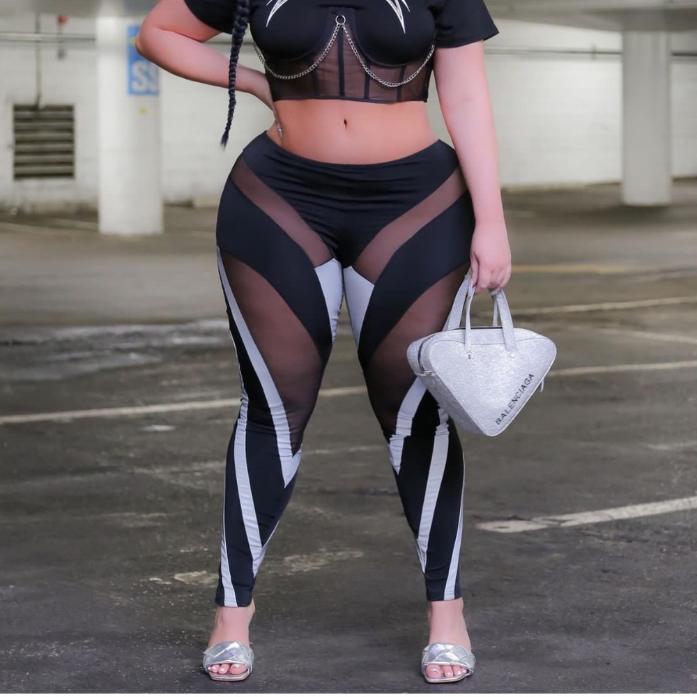 Black Silver Reflective Sheer Mesh Skinny Leggings Stretch Cut Out Going Out